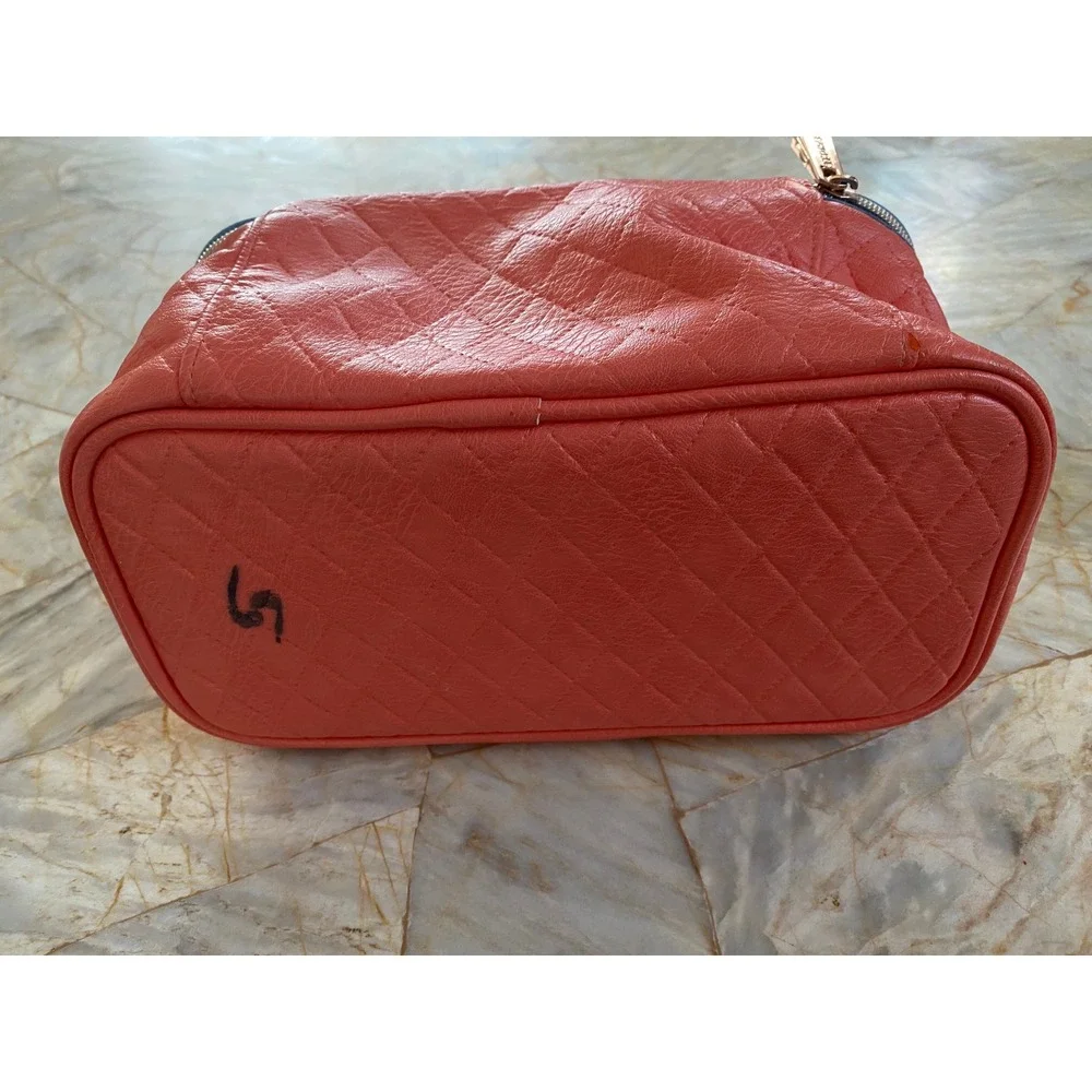 Sephora Quilted Makeup Bag Coral Pink Blue Trim Zippered Travel Train Case